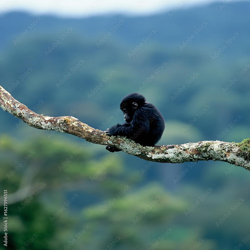 Obraz premium Young Gorilla Sitting on a Branch in Natural Forest Habitat