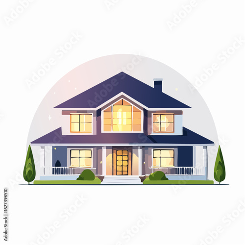 modern residential house with lights on at night, real estate lifestyle