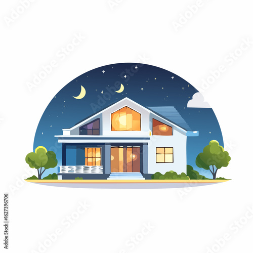 modern residential house with lights on at night, real estate lifestyle