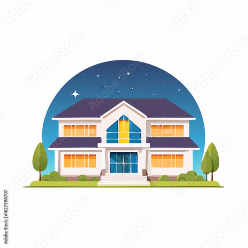modern residential house with lights on at night, real estate lifestyle