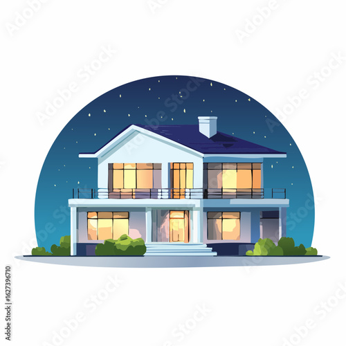 modern residential house with lights on at night, real estate lifestyle