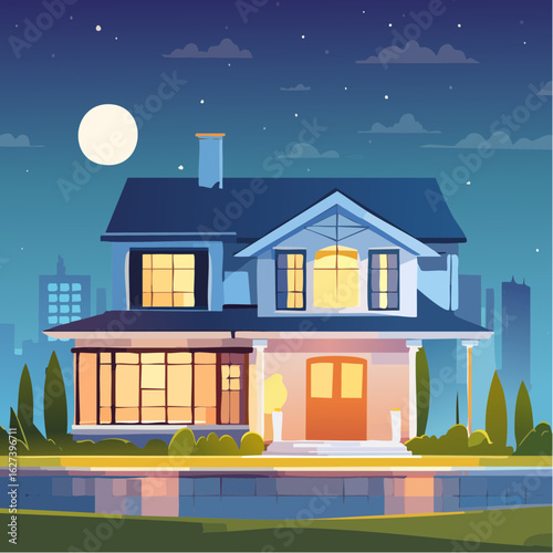 modern residential house with lights on at night, real estate lifestyle