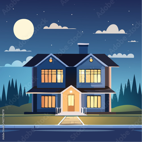 modern residential house with lights on at night, real estate lifestyle