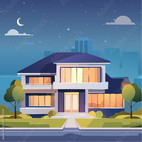 modern residential house with lights on at night, real estate lifestyle