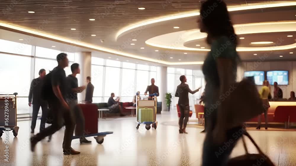 Passengers moving through an airport terminal.