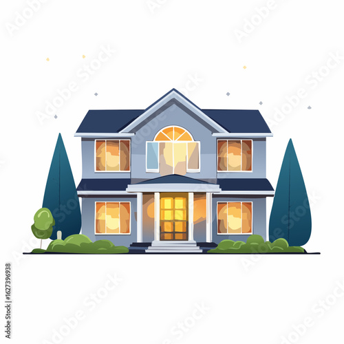 modern residential house with lights on at night, real estate lifestyle