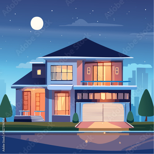 modern residential house with lights on at night, real estate lifestyle