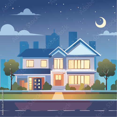 modern residential house with lights on at night, real estate lifestyle