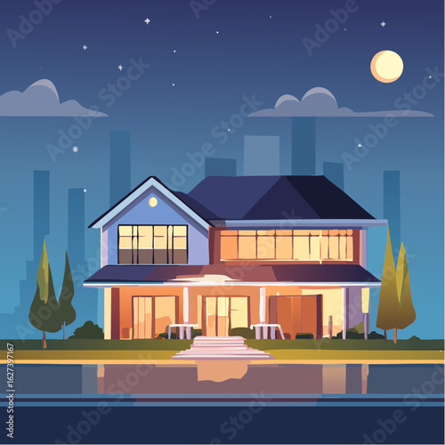 modern residential house with lights on at night, real estate lifestyle