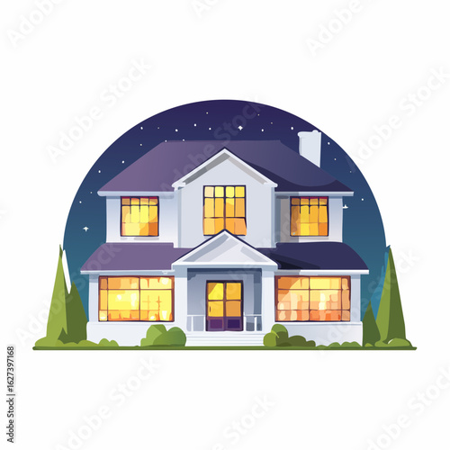 modern residential house with lights on at night, real estate lifestyle