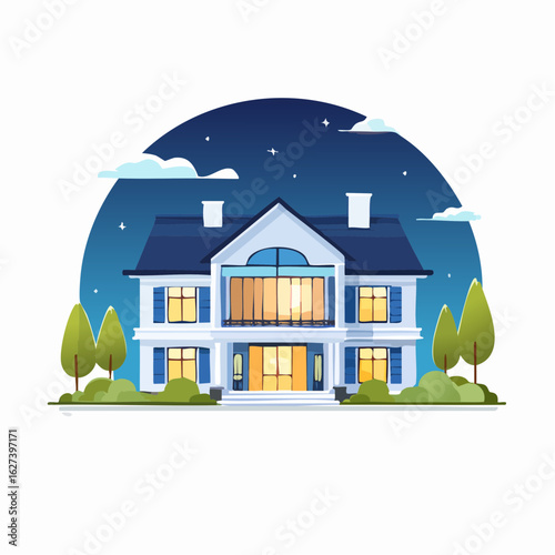 modern residential house with lights on at night, real estate lifestyle