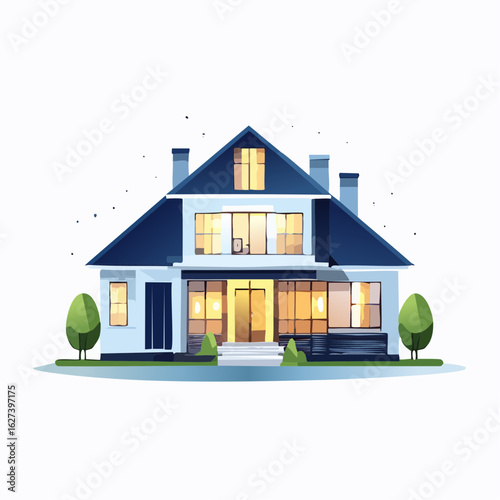 modern residential house with lights on at night, real estate lifestyle