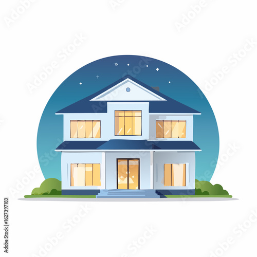 modern residential house with lights on at night, real estate lifestyle