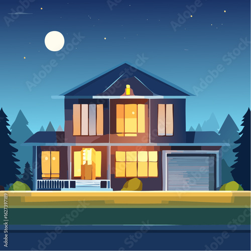 modern residential house with lights on at night, real estate lifestyle