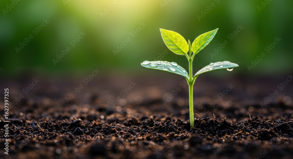 Fototapeta premium Young Plant Sprout with Water Droplets in Soil.