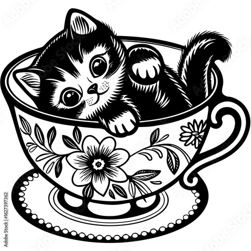 kitten in a tea cup (linocut)