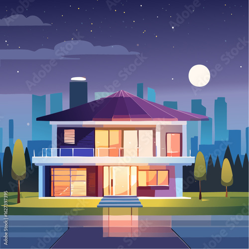 modern residential house with lights on at night, real estate lifestyle