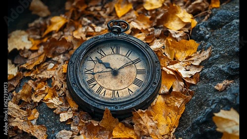 An antique pocket watch resting among autumn leaves.