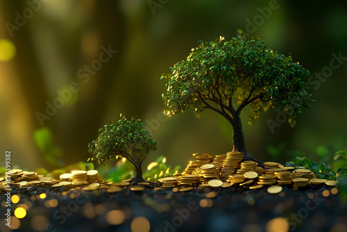 Small Tree Growing on Pile of Gold Coins for Investment Growth Concept