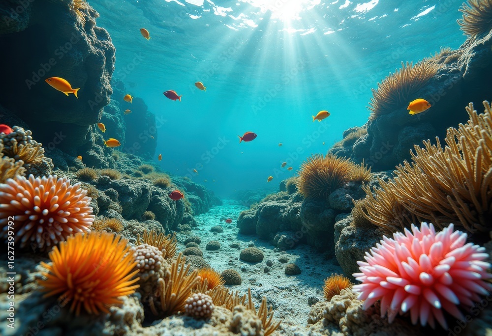 Fototapeta premium vibrant tide pools discovering colorful marine life rich ecosystem underwater beauty, seaweed, creature, shell, fish, starfish, urchin, coral, sand, beach