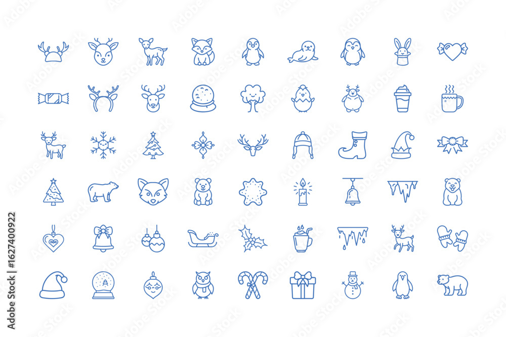 Obraz premium Vector art of assortment of winter and christmas icons featuring animals, festive items, and seasonal symbols, isolated on white background