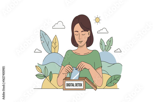 Concept of digital detox and disconnecting from technology. Calm woman enjoying a break from gadgets and social media in nature.
