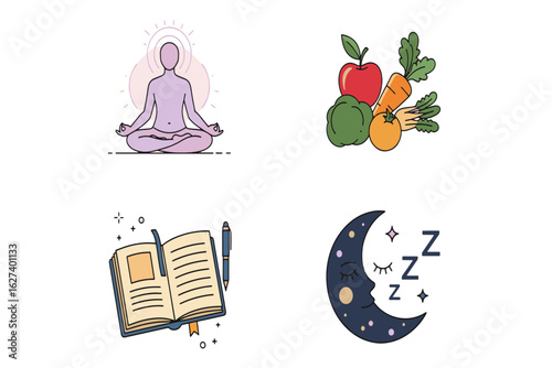 Set of healthy lifestyle icons for wellness, including meditation, nutrition, journaling, and sleep.