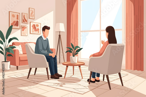 A man having a consultation with a female psychologist. Vector illustration of a therapy session in a cozy office.