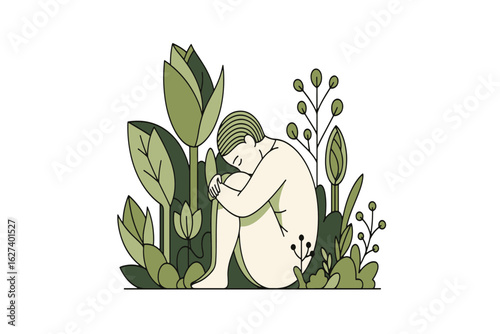 A solitary figure finds solace and shelter, nestled within a lush botanical environment in a minimalist line art style.