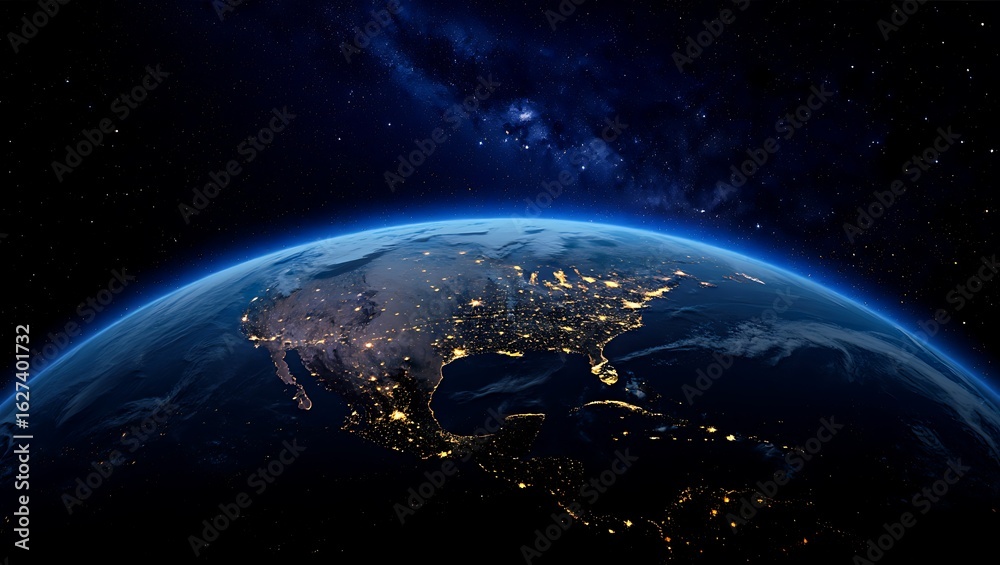 Fototapeta premium Stunning High-Resolution View of Planet Earth from Space at Night, Showcasing the City Lights of North and Central America and the Milky Way in the Background