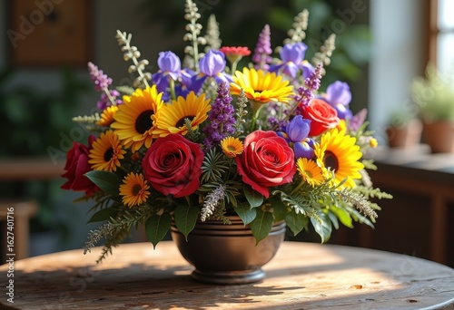 Wallpaper Mural vibrant flower bouquet rustic wood table natural beauty colors floral arrangement, vase, greenery, blossom, pink, yellow, red, orange, blue, purple, nature Torontodigital.ca