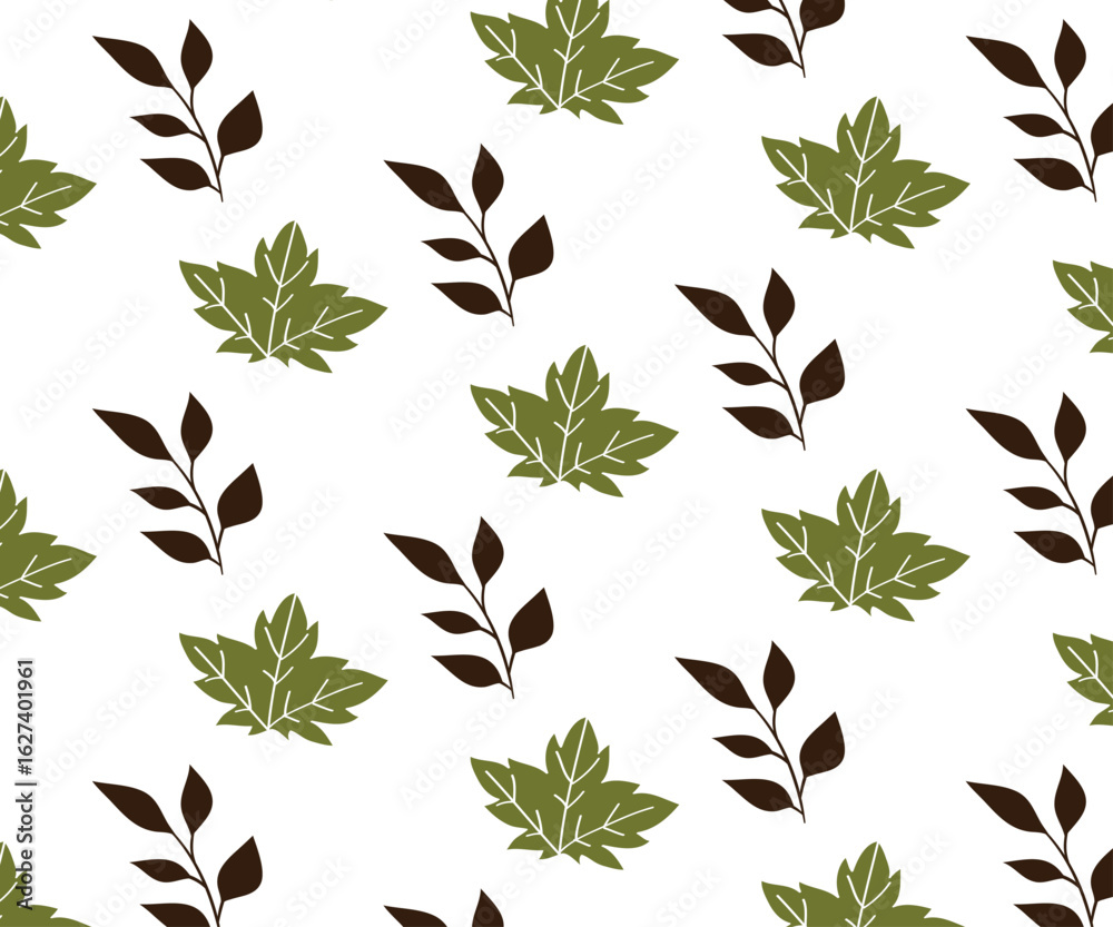Fototapeta premium Autumnal Leaf Motif: An elegant and simple seamless pattern of stylized brown twigs and green leaves, invoking a sense of seasonal transition and natural beauty.