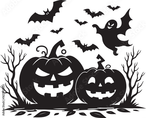 Spooky Halloween pumpkins, bats, and ghost create festive holiday atmosphere