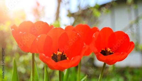 Close-up of three vibrant red tulips in a garden