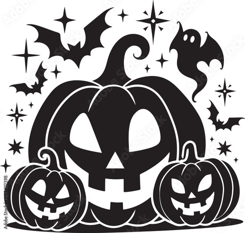Spooky Halloween pumpkins, bats, and ghost create festive holiday fun