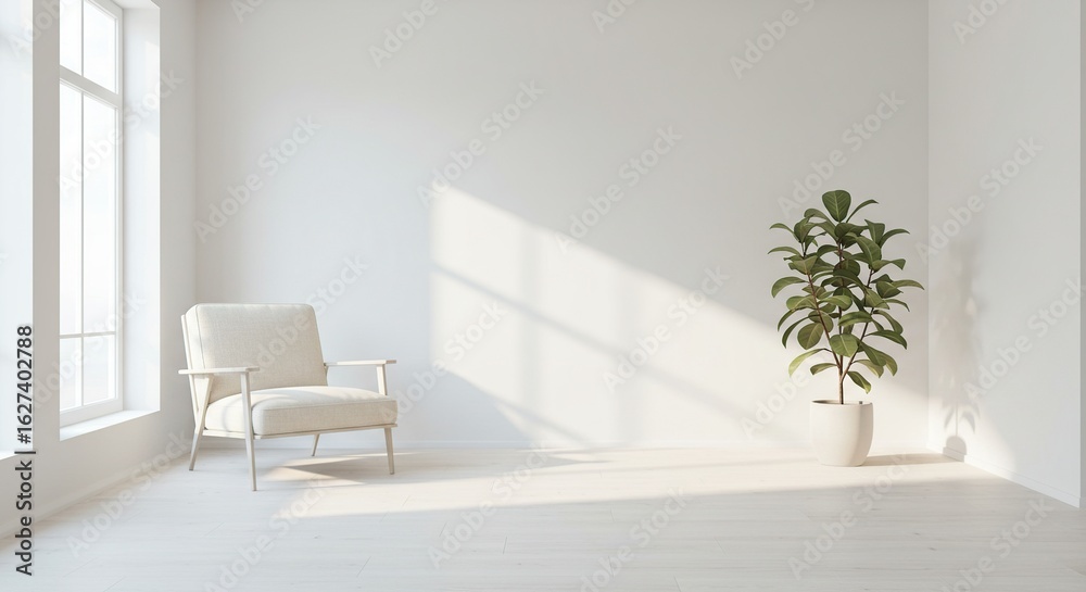 Fototapeta premium Minimalist interior design with armchair and plant in white room for home decor ideas design