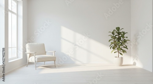 Minimalist interior design with armchair and plant in white room for home decor ideas design
