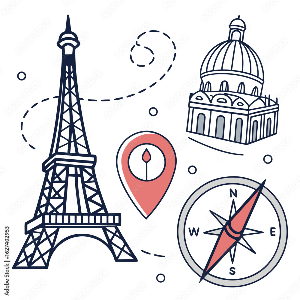 Obraz premium Parisian travel icons including eiffel tower dome building location pin and compass with dashed lines