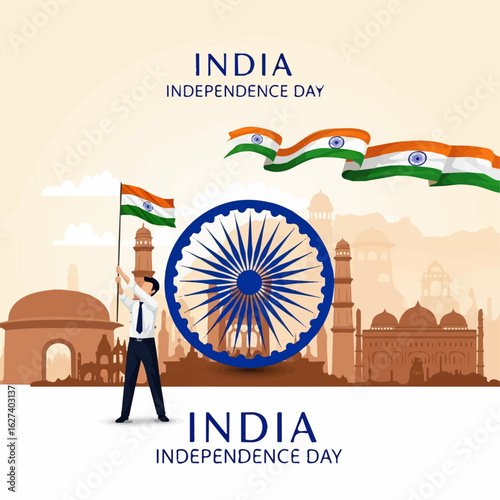 A businessman proudly raises the Indian flag against a majestic backdrop of iconic monuments, celebrating India's Independence Day with patriotic fervor.