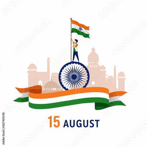 A young man proudly raises the Indian flag atop the Ashoka Chakra, overlooking a cityscape, celebrating Independence Day with patriotic fervor.