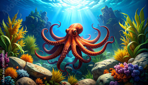 An orange octopus swims in a vibrant underwater scene with coral, rocks, and sunlight filtering through the water's surface.