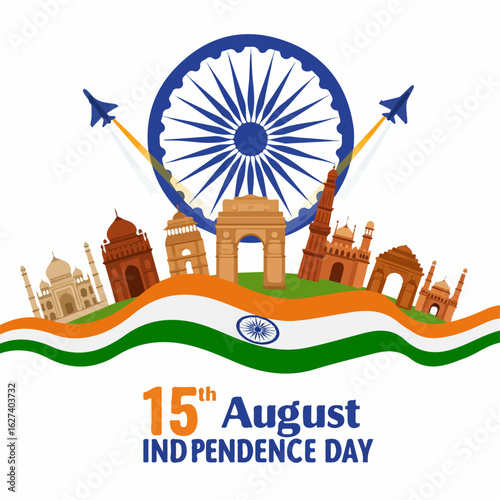 Iconic Indian landmarks, framed by a majestic Ashoka Chakra and soaring jets, celebrate India's 15th August Independence Day with patriotic fervor.