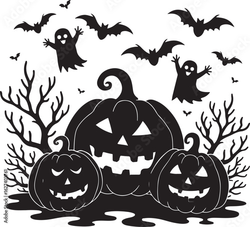 Spooky Halloween scene with pumpkins, ghosts and bats creates festive fright