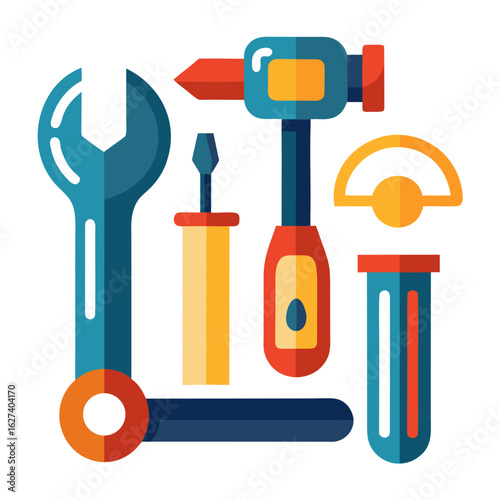 Collection of colorful flat design tools including a wrench screwdriver hammer and measuring device