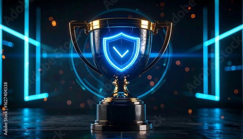 A gold trophy with a glowing blue shield and checkmark sits on a dark, futuristic background