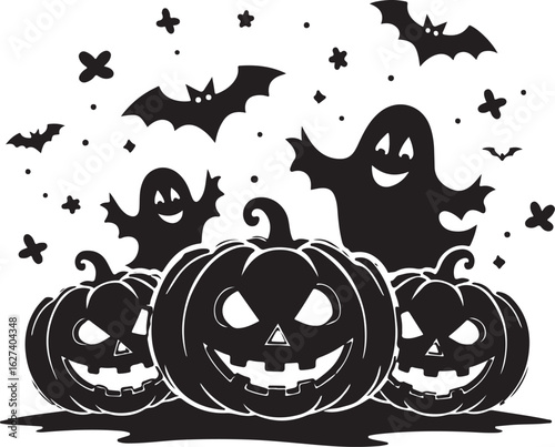 Spooky Halloween pumpkins and ghosts with flying bats create festive fun