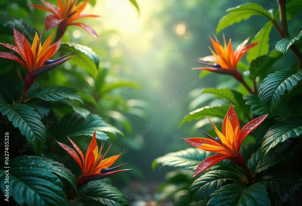 Fototapeta premium vibrant jungle foliage morning dew natural beauty lush greenery exotic plants fresh nature scene, dewdrop, leaf, drops, flora, forest, bush, humidity, texture