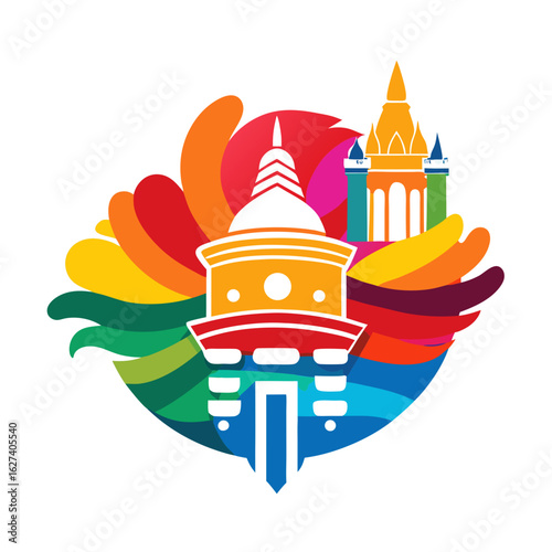Vibrant abstract illustration of a colorful stupa and pagoda surrounded by flowing rainbow colored shapes
