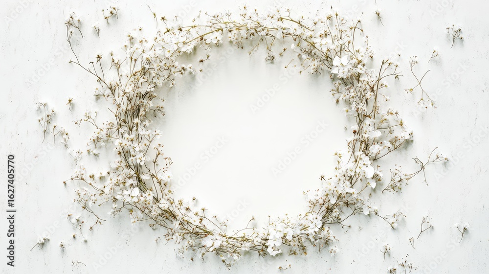 Obraz premium 65.A beautifully illustrated watercolor wreath with jasmine flowers, surrounded by small white gypsophila blooms, forming a round botanical frame on a white background, perfect for wedding cards or