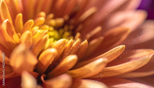 Close-up of a vibrant, orange-toned flower's center, showcasing intricate petal details and soft lighting